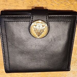 Gucci Black Leather Coin Purse with Gold Crest Medallion